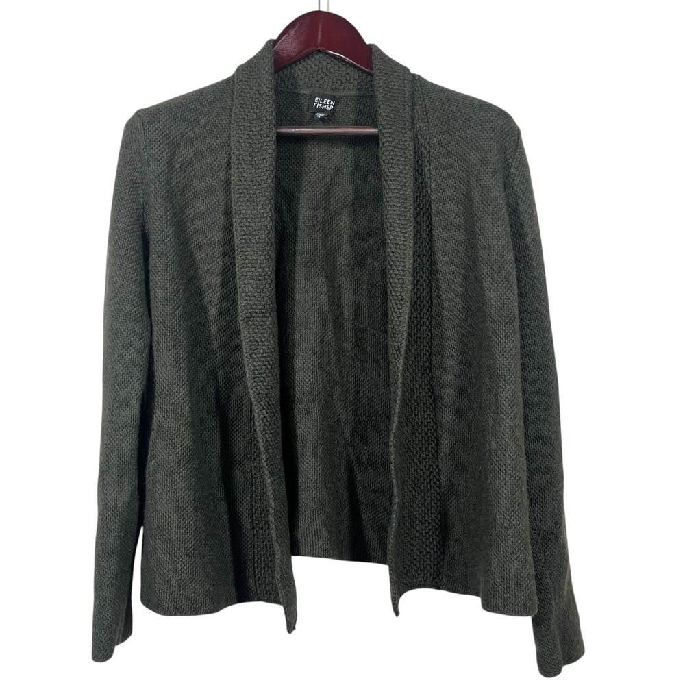Eileen Fisher Shawl Collar Cardigan Size L Olive Green 100% Merino Wool Sweater